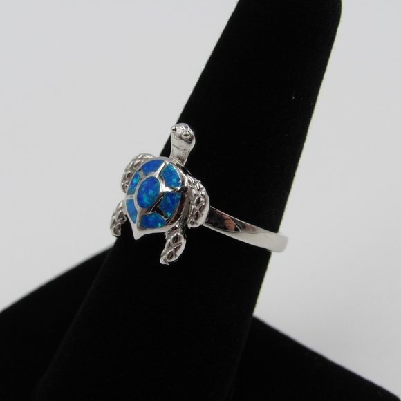 Sterling Silver Blue Opal Cute Turtle Band Ring - Picture 2 of 5